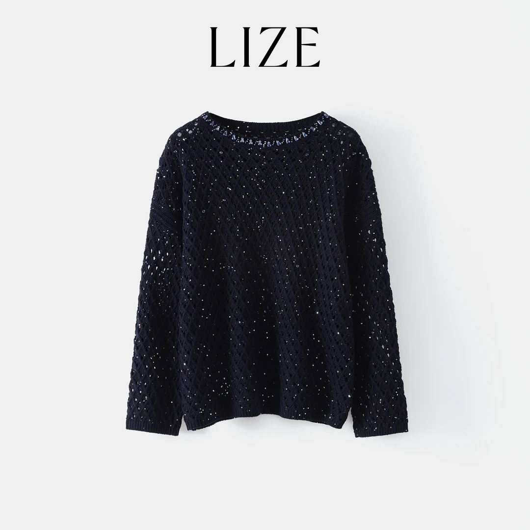 LIZE「漫洒星屑」高定特种纱线.重工钉珠镶钻珠片镂花针织罩衫L0132