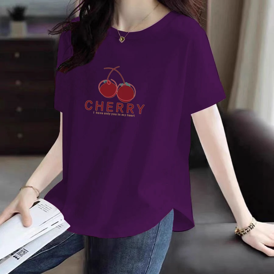 100%纯棉短袖圆领T恤女夏新款圆弧下摆休闲宽松韩版百搭爆款上衣