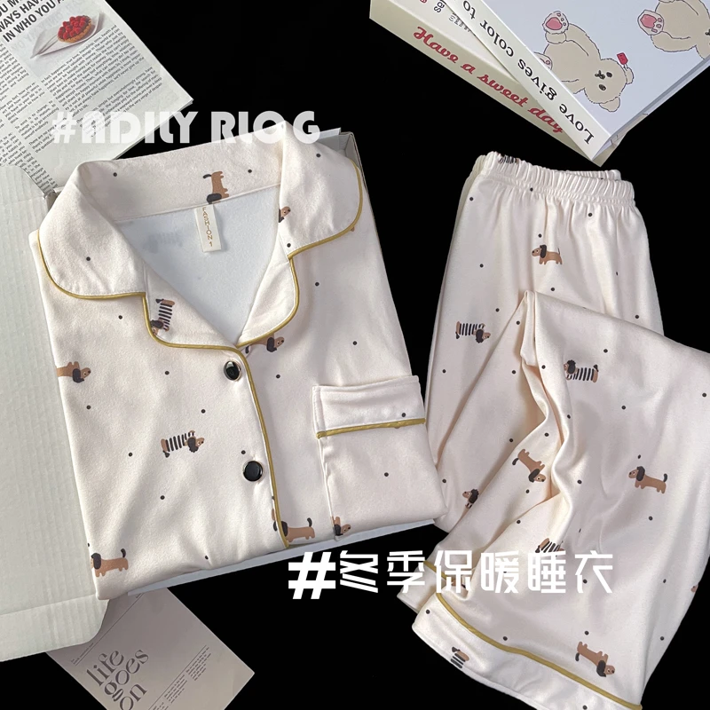 秋冬新款腊肠狗德绒睡衣可爱减龄气质保暖薄绒柔软女长袖套装1589