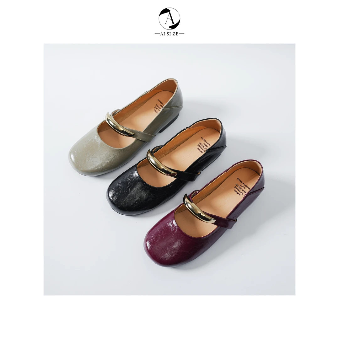 跟高2cm/34-39/小众文艺风真皮金属平底玛丽珍鞋女2025欧洲站圆头