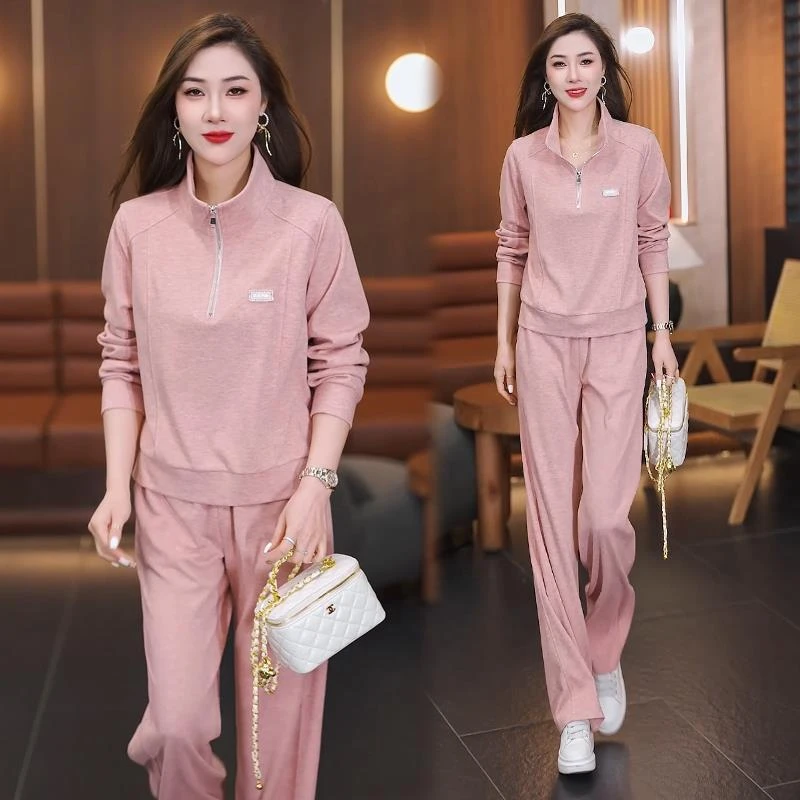 时尚休闲套装女2025春季新款时髦洋气半拉链卫衣阔腿裤显瘦两件套