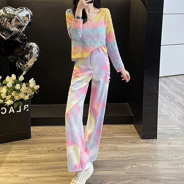 洋气渐变彩虹色镂空针织毛衣女春季2025新款套装时尚牛仔裤套装