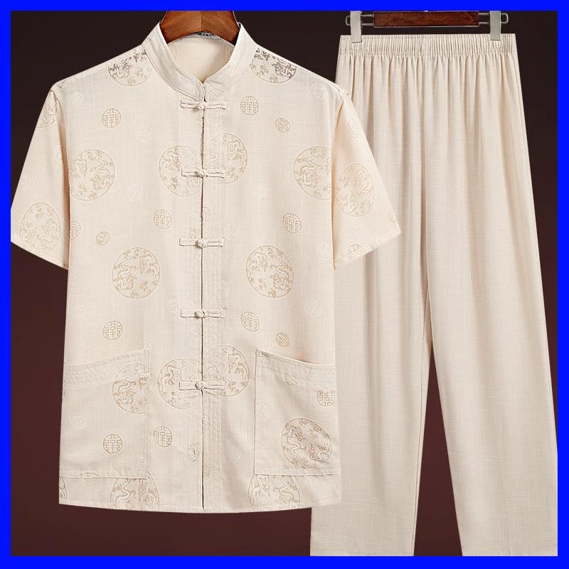夏季中老年男装亚麻短袖男唐装薄款中山装棉麻套装男宽松爸爸夏装