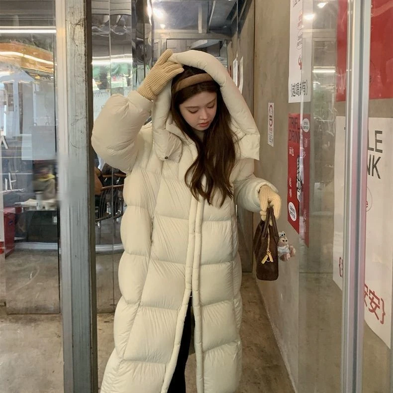 白鹅绒百搭秋冬长袖保暖落肩袖中长款外套黑色连帽冬季加厚休闲1