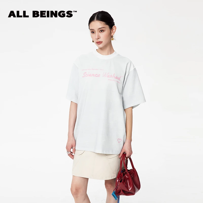 ALL BEINGS25年春夏设计师新款"科学洗水"浅灰字母印花百搭T恤