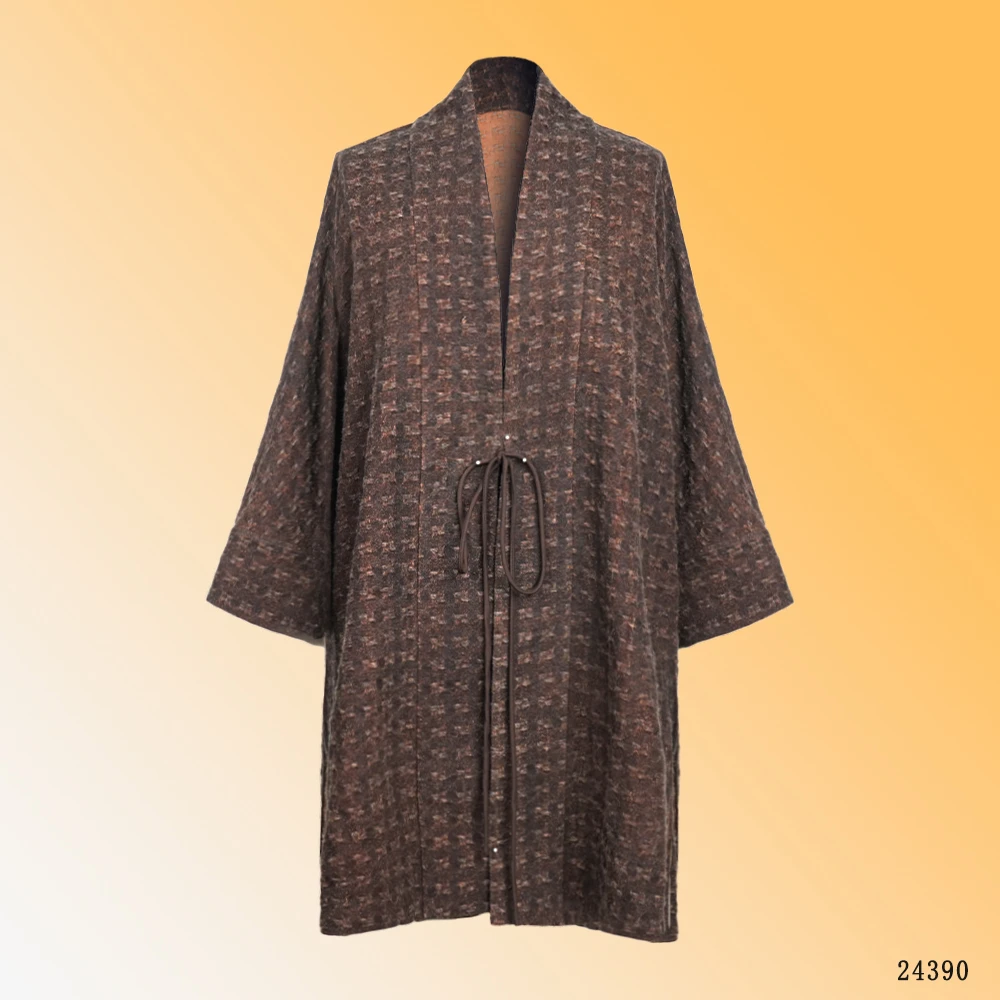 MM瑶圃【棕雾】国风复古慵懒风棋格纹系带柞蚕丝风衣外套 24390