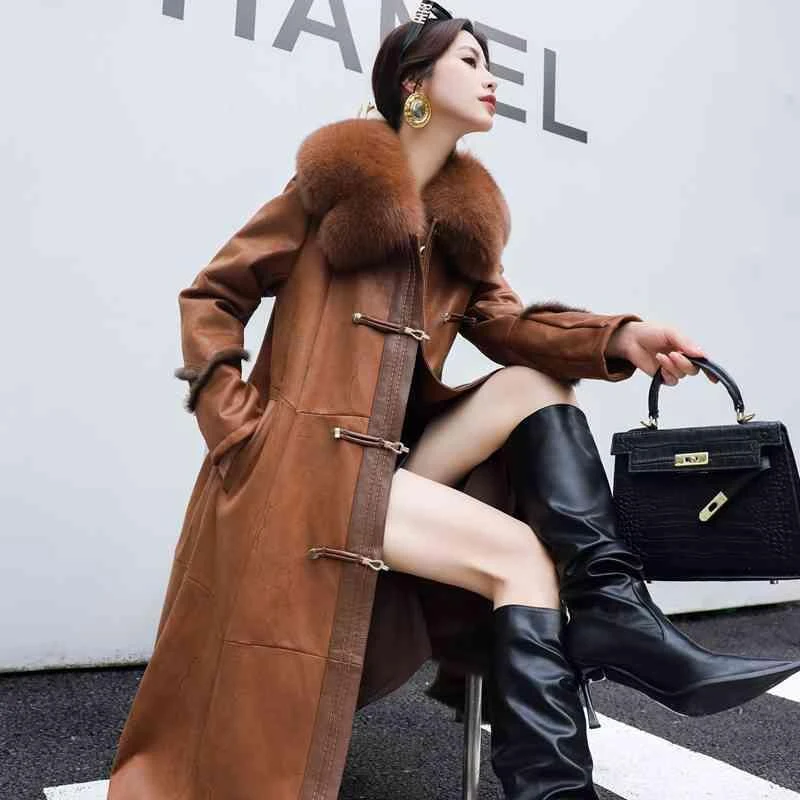 银狐裘梦海宁皮毛一体兔毛内胆皮草通勤风女 长款单排扣口袋长袖