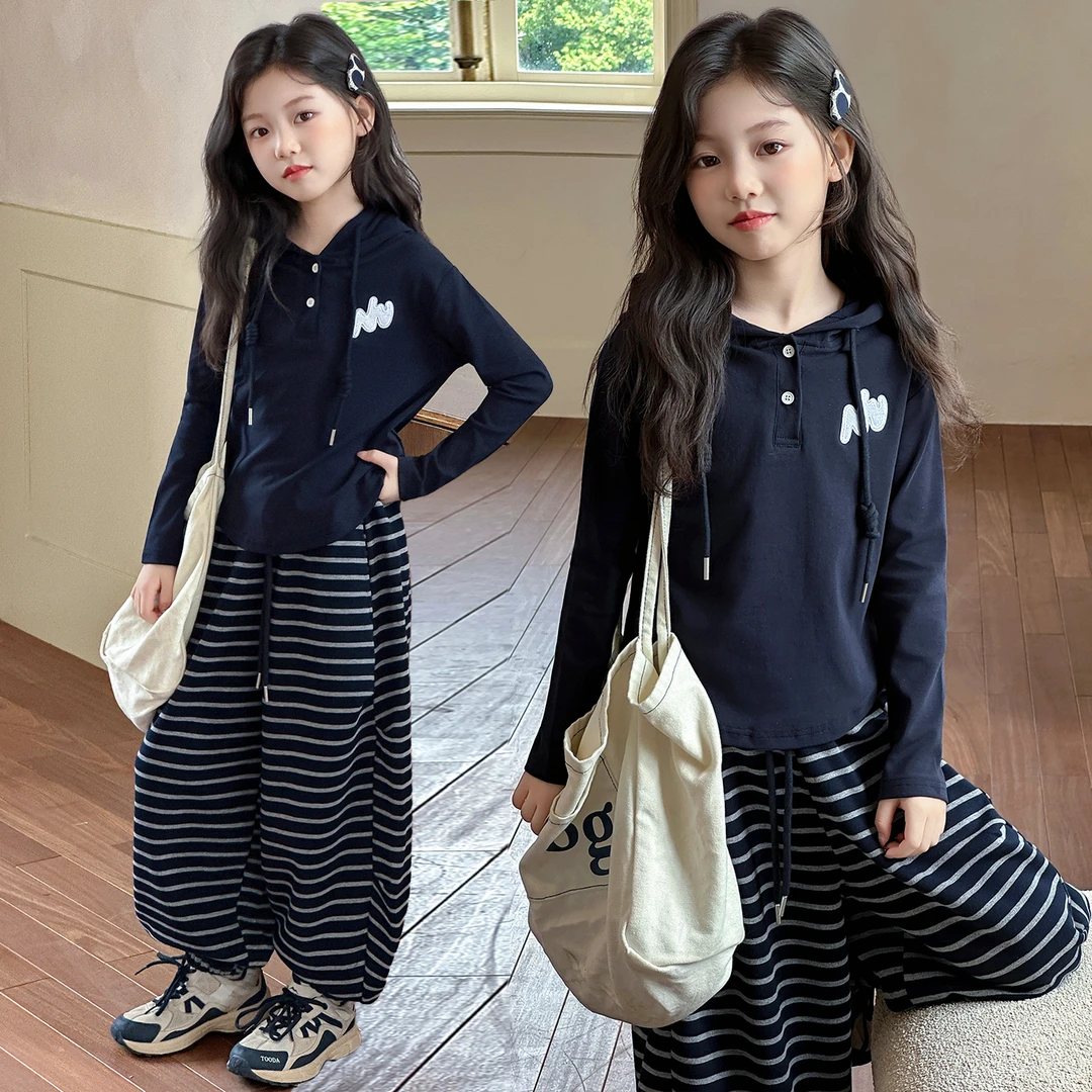 女童连帽卫衣套装秋季2025韩系中大童小女孩时尚上衣条纹裤两件套