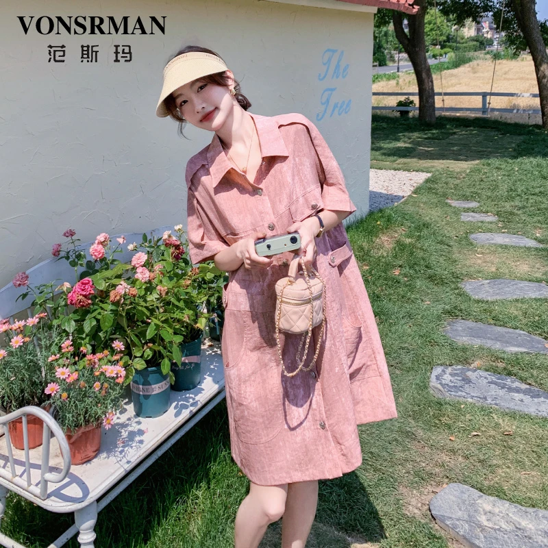 VONSRMAN粉色晕染衬衫连衣裙女夏季2025新款法式宽松休闲直筒裙子