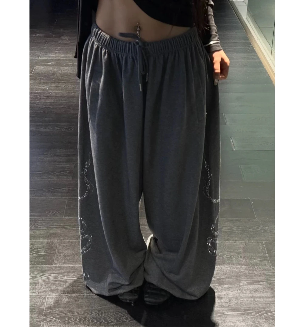 草莓熊【原版面料】烫钻蛇纹印花休闲裤女街头宽松运动卫裤街舞潮牌