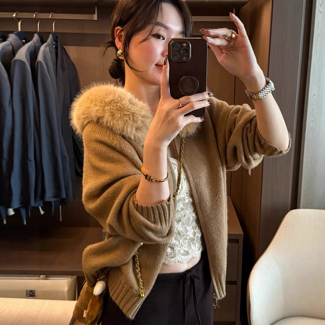 毛领连帽针织开衫女欧洲站2025冬装新款欧货女装毛衣短外套潮