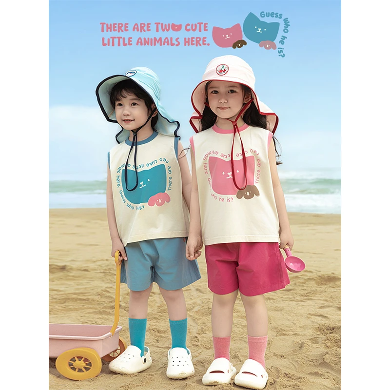 幼悠男童蓝色猫咪印花背心短裤套装潮酷痞帅童装可爱超萌儿童衣服