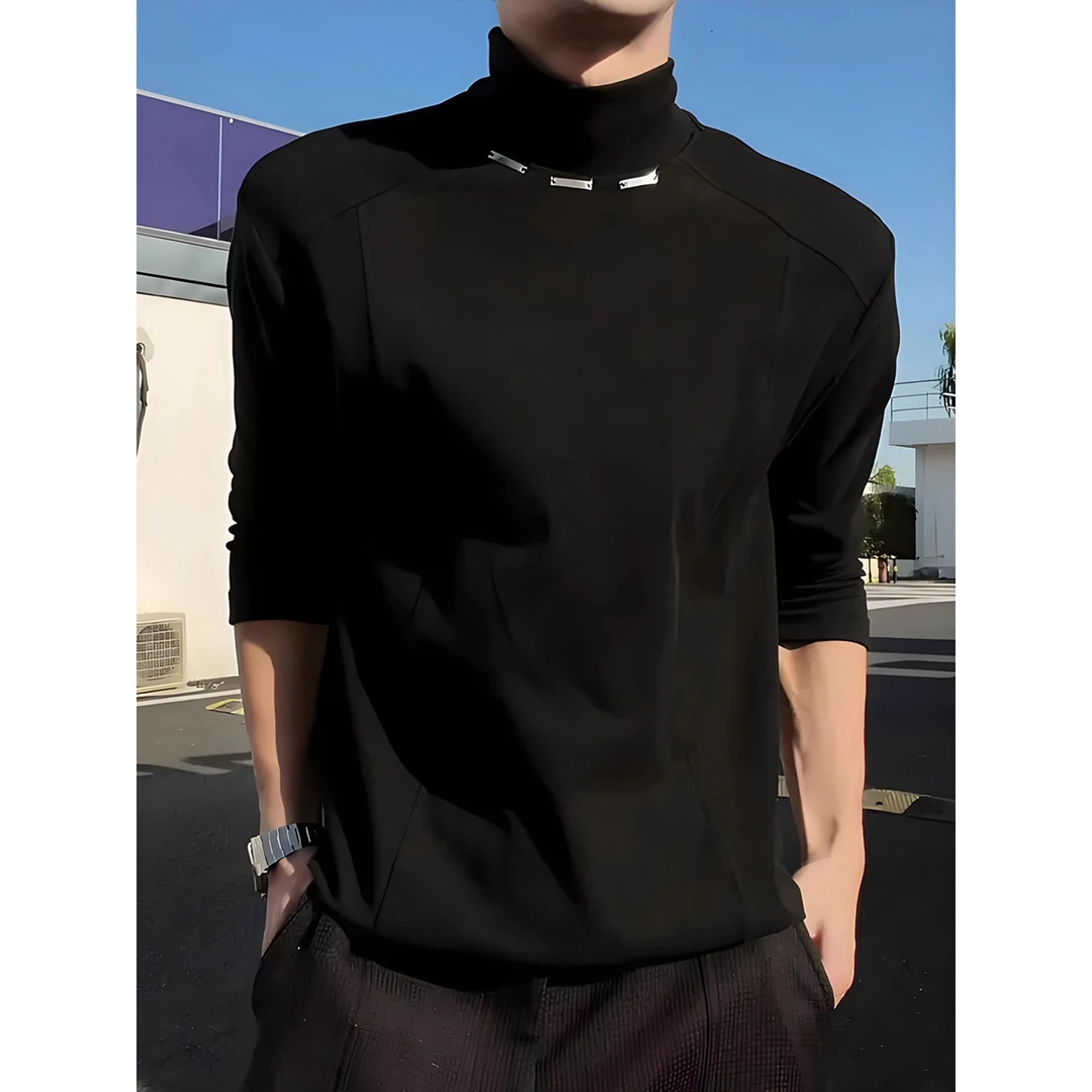 黑色德绒半高领打底衫男款冬季金属解构正肩长袖t恤内搭保暖卫衣