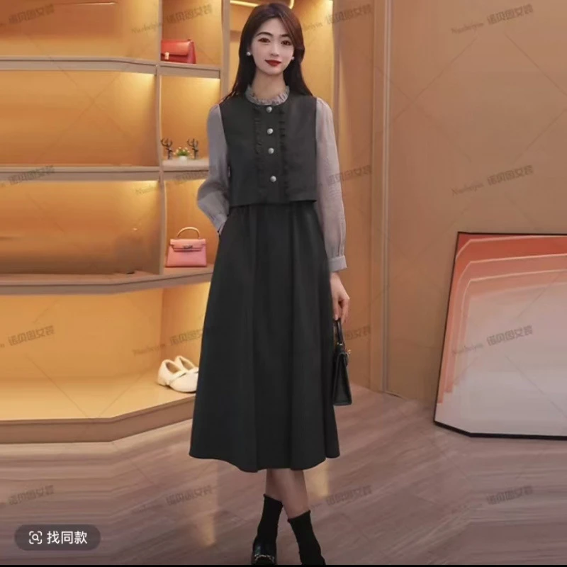 现货 诺贝因春季新款木耳花边气质假两件连衣裙