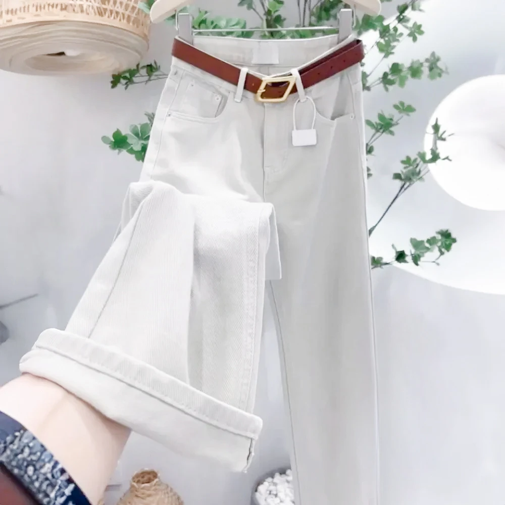 白色窄版阔腿直筒牛仔裤女2025新款高腰窄版小个子裤子女裤子九分