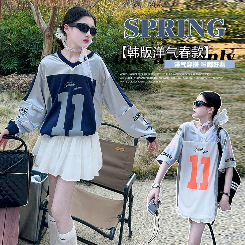 2025年新款女童春夏季印花宽松短袖t恤白色高腰显瘦百褶裙套装