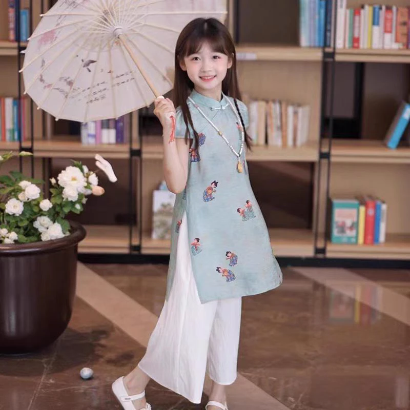 QIAERDE/洽尔德女童装汉服夏2025国风两件套小女孩旗袍新中式套装