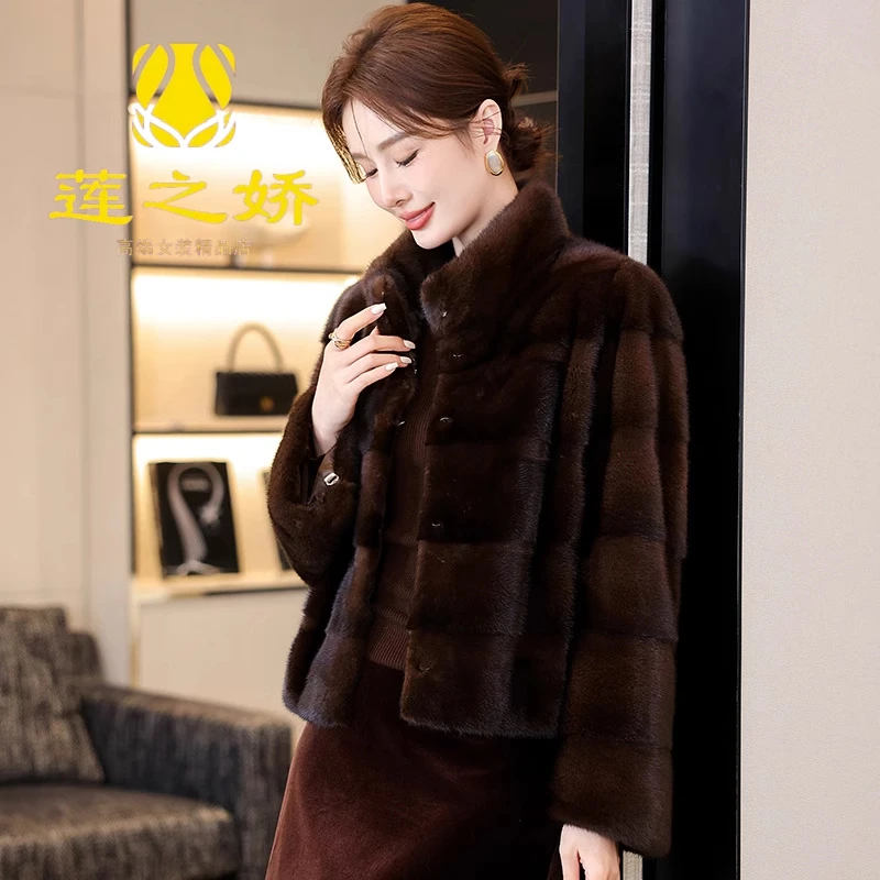 高端咖啡本色横排天鹅绒整貂水貂皮大衣冬季新款雪地