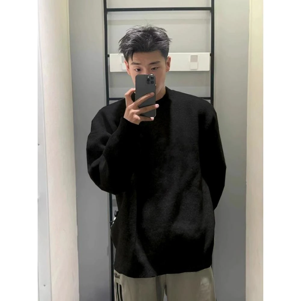 cleanfit黑色正肩毛衣宽松慵懒风打底针织衫男秋冬款韩系情侣上衣