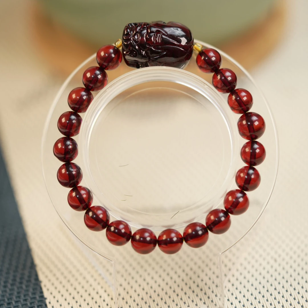 晨玺珠宝-血珀8+貔貅单圈琥珀蜜蜡手串缅甸天然时尚气质国风红色