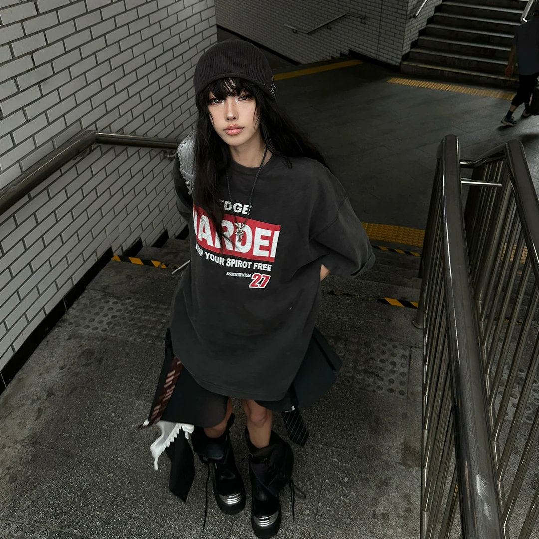 韩好甜WARDEN EDGE印花短袖T恤女夏美式辣妹宽松显瘦棉圆领上衣