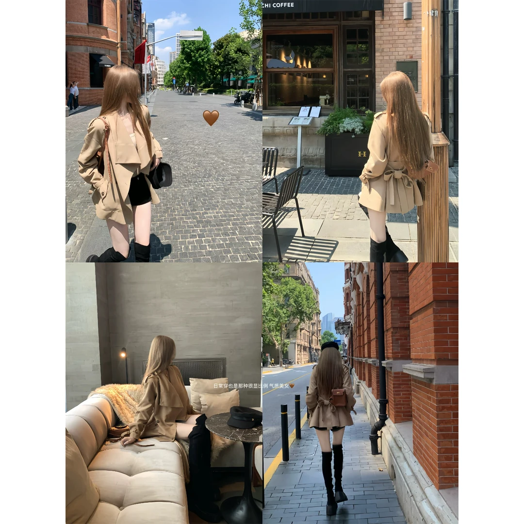 白水女 北川景子美神蝴蝶结风衣外套 秋季韩系女短款卡其色外套