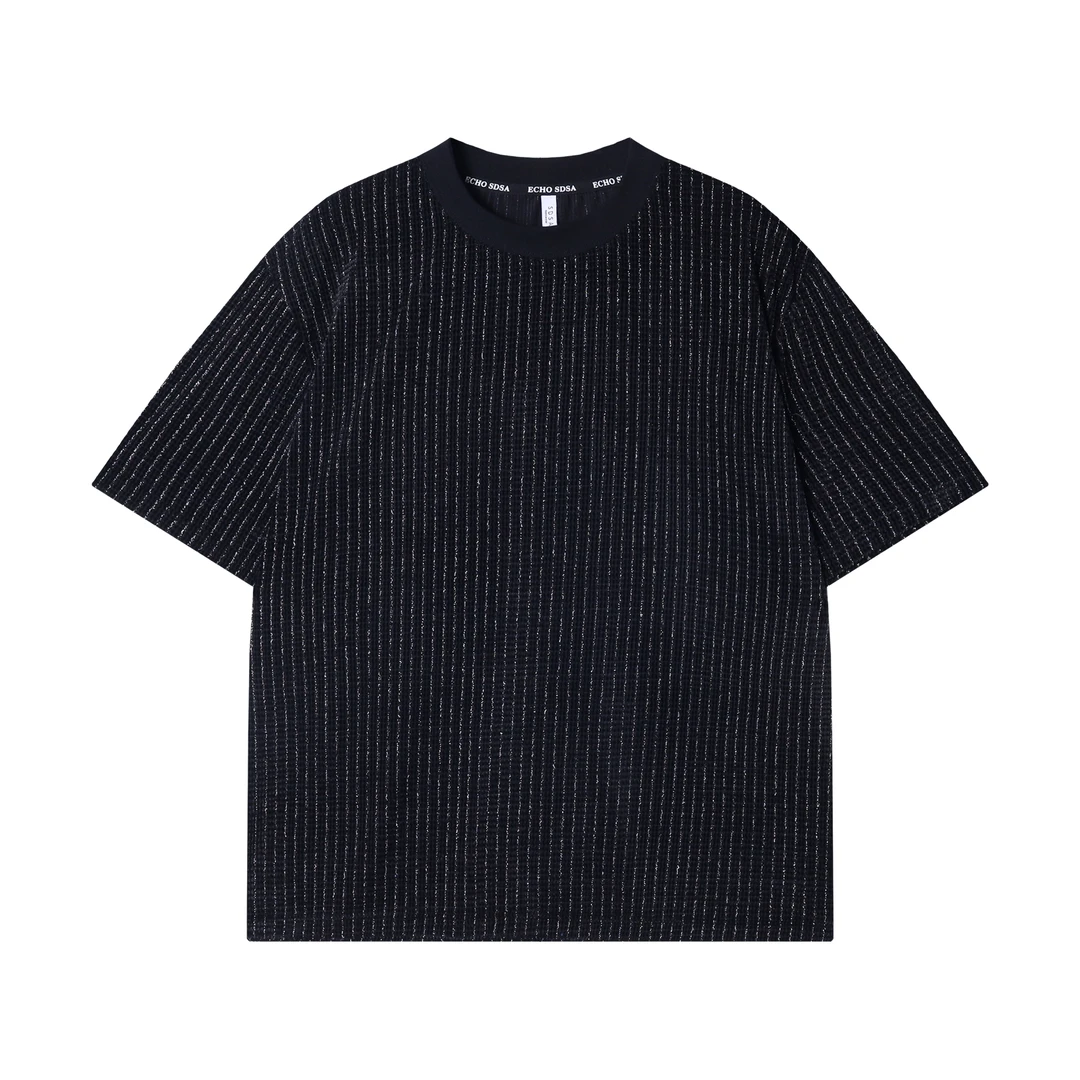 春夏新款时尚个性韩版撞色竖纹细圆领短袖T恤休闲宽松潮流上衣