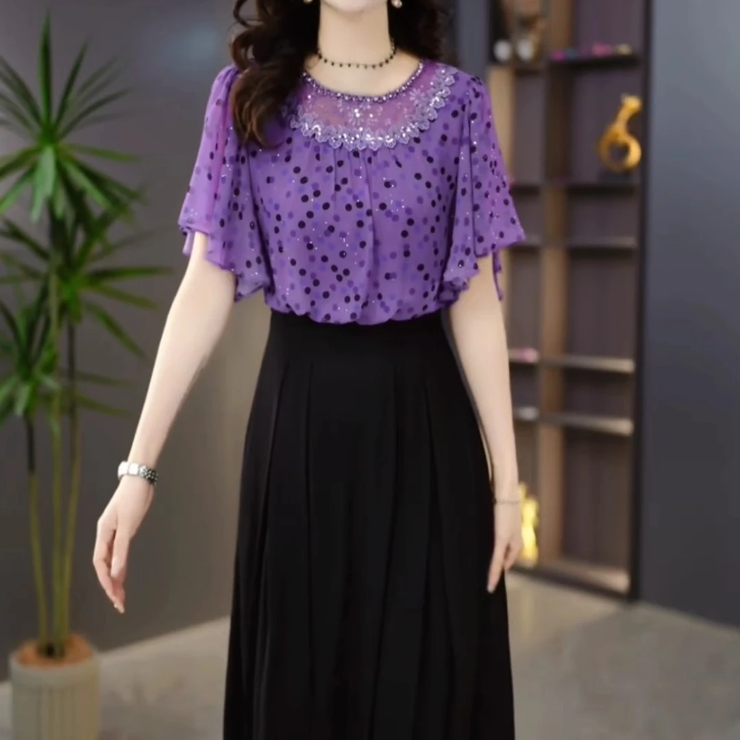 波点假两件气质修身百搭连衣裙女2025夏季新款高端精致中长款裙子