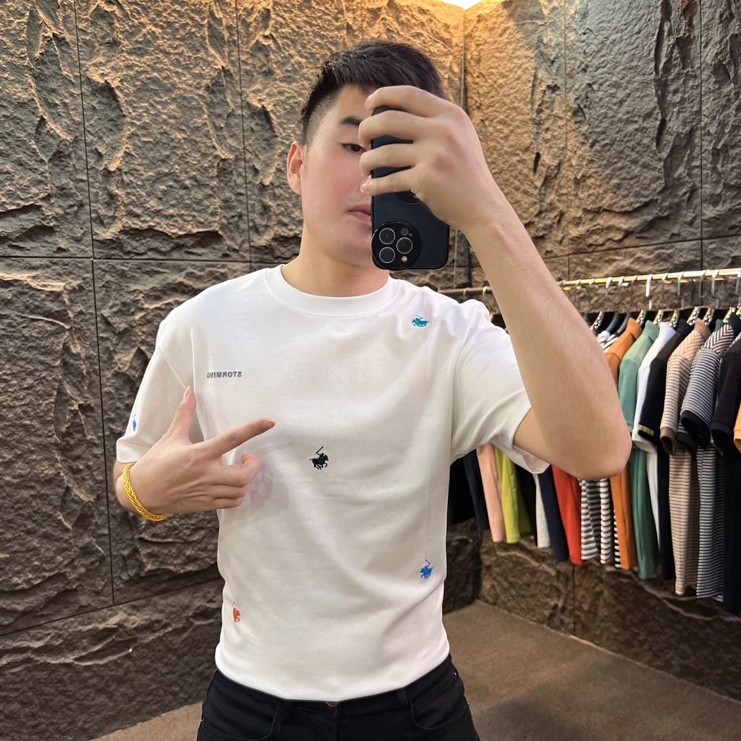 夏季薄款刺绣韩版时尚修身半圆领袖简约上衣百搭潮流短袖-96647#