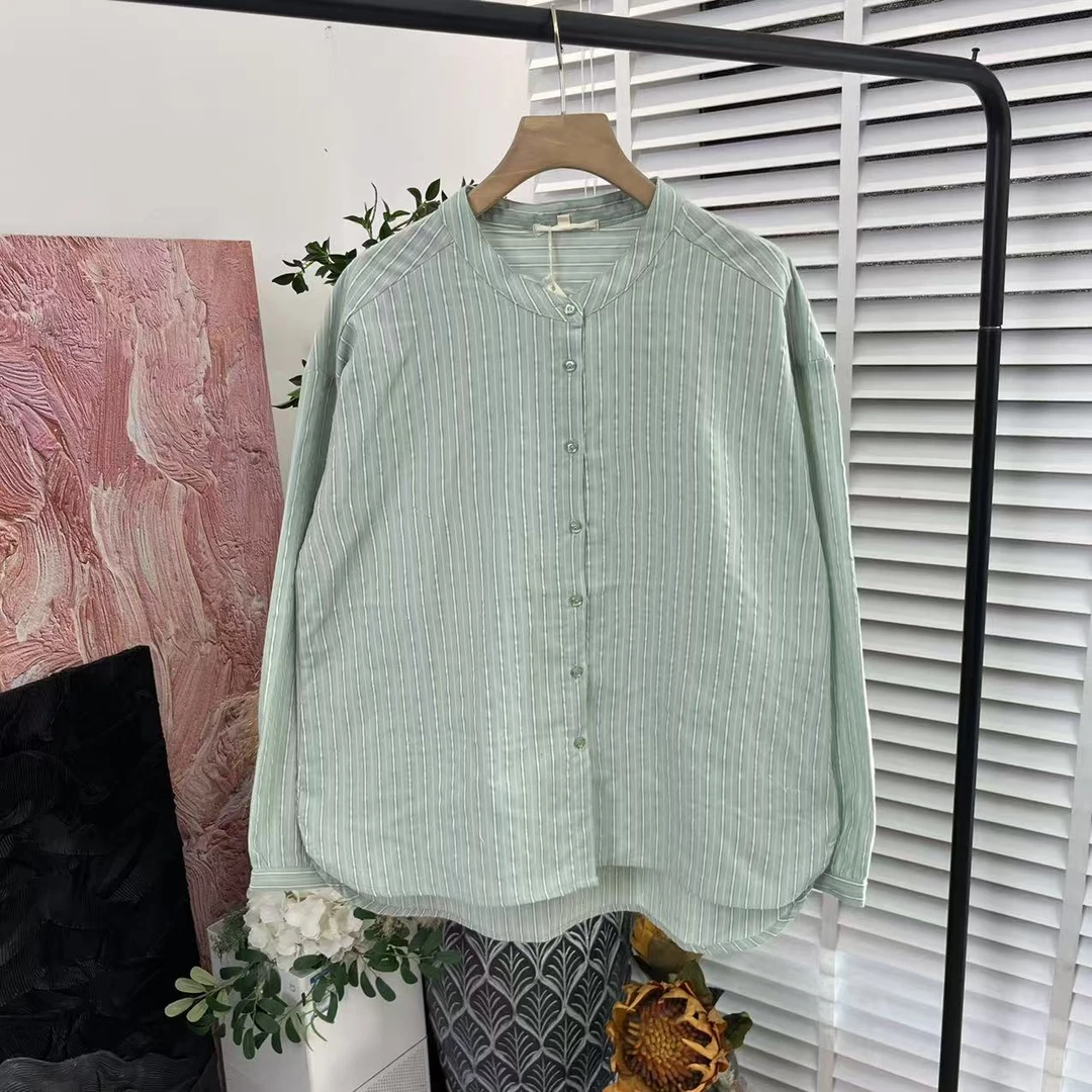 日系好面料「色织水洗棉单排扣」清新长袖衬衫女E5214