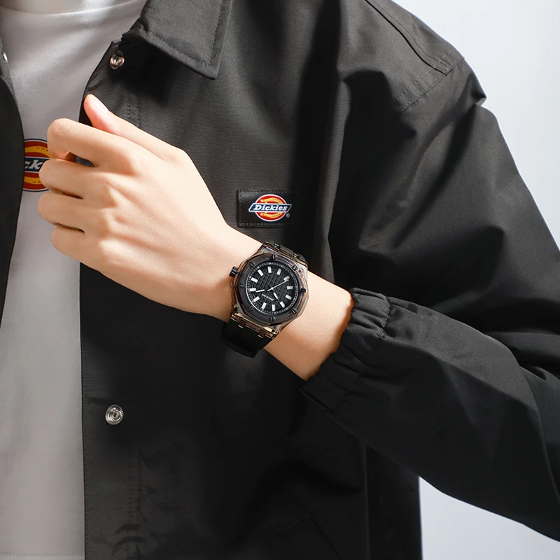 Dickies初高中生男生冰韧透明壳石英表华夫格纹表盘夜光防水手表