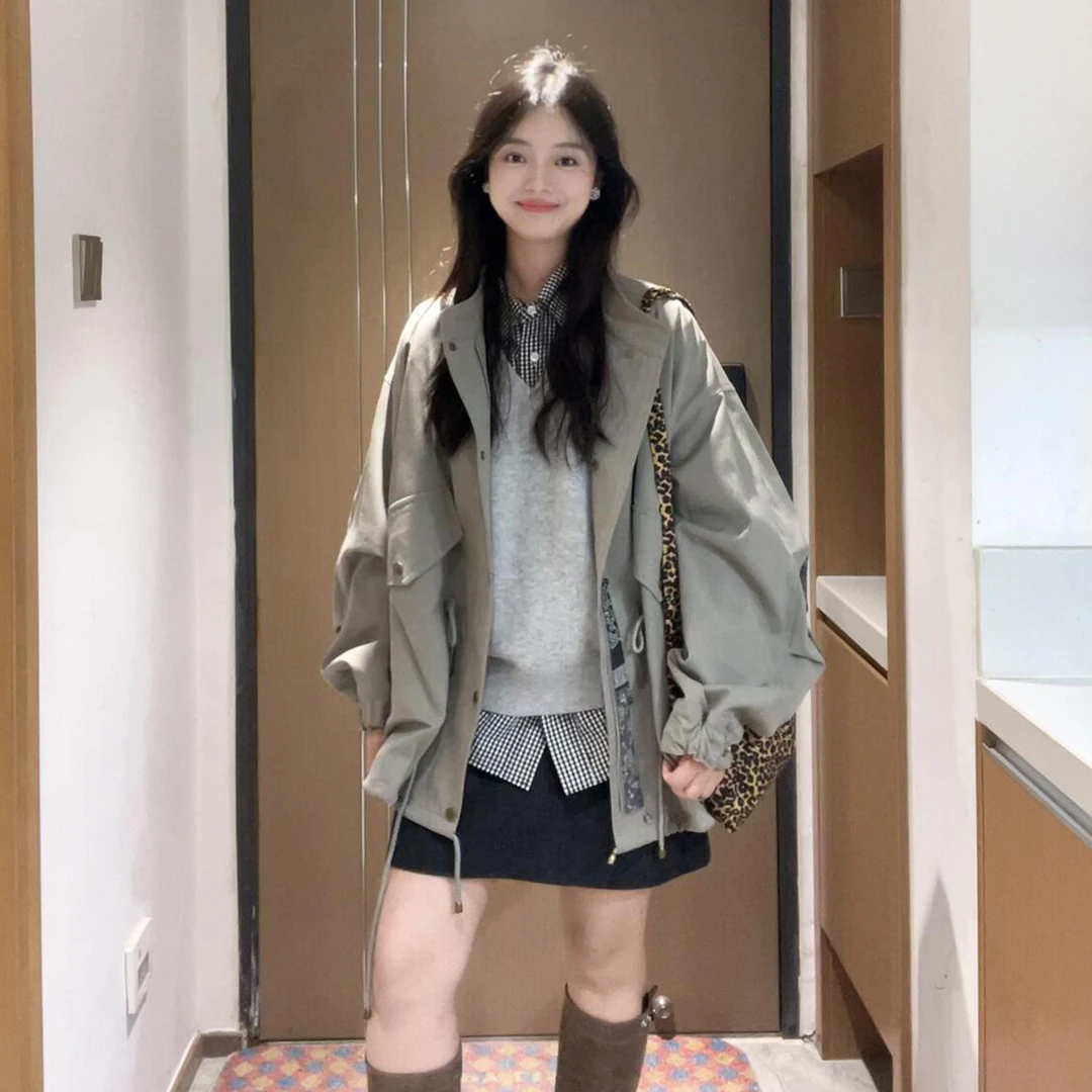 韩系高级感抽绳立领风衣外套女秋冬季2025新款小个子夹克短款上衣