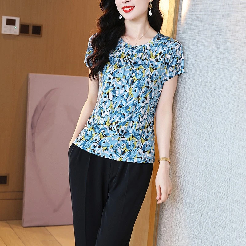 桑蚕丝短袖T恤女真丝印花圆领宽松显瘦休闲针织气质上衣1659