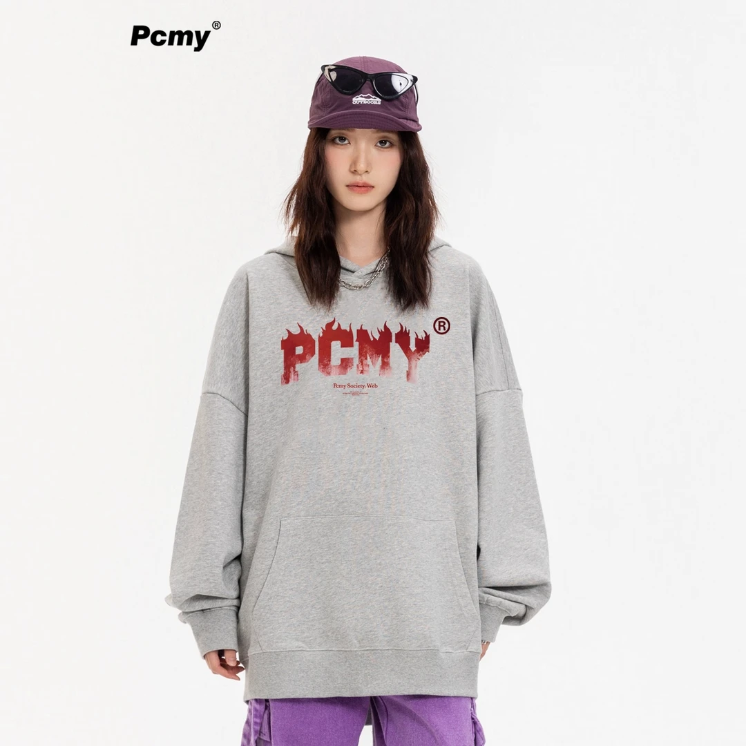 PCMY潮牌美式复古火焰字母连帽卫男女同款宽松休闲个性小众情侣装