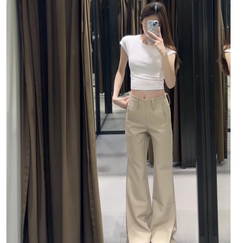 高个子加长卡其色微喇裤女夏季薄款低腰显瘦马蹄喇叭休闲西装裤子