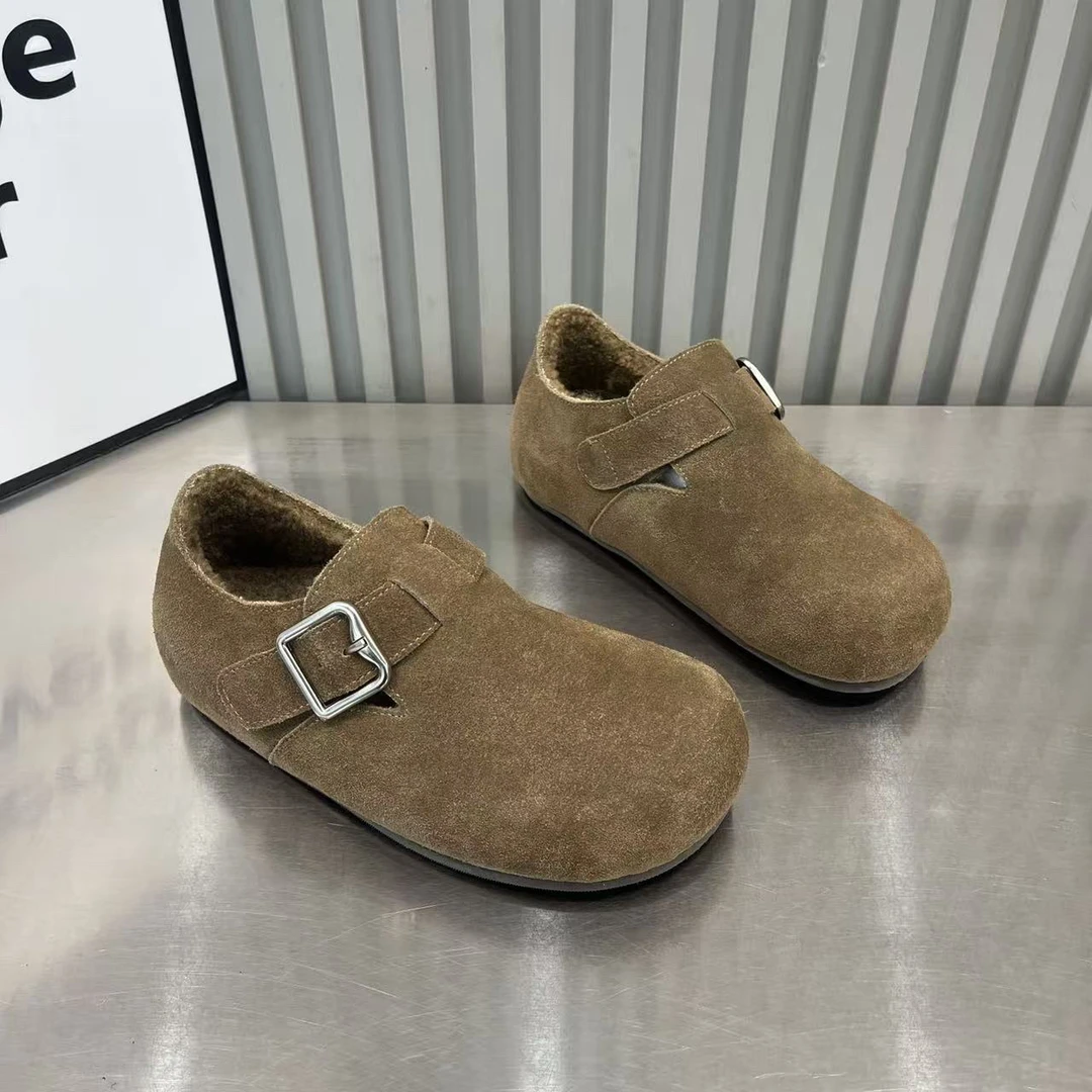 轻奢鞋子磨砂真皮勃肯鞋女2025秋新款加绒保暖复古懒人棉鞋豆豆鞋