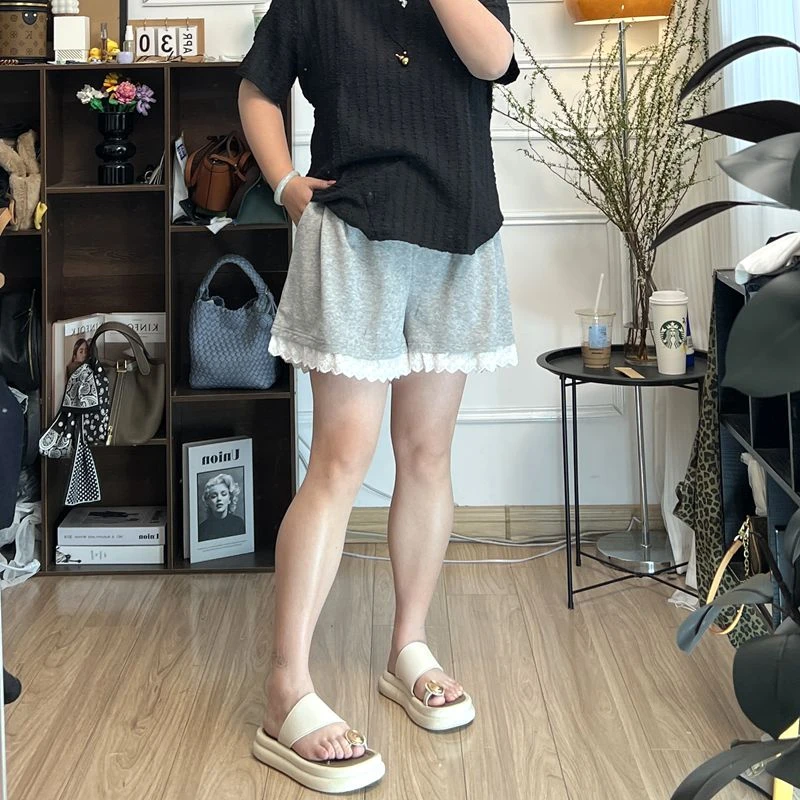 YZJ【花露甜茶】毛圈A字版藏肉显瘦蕾丝花边松紧腰夏季大码短裤