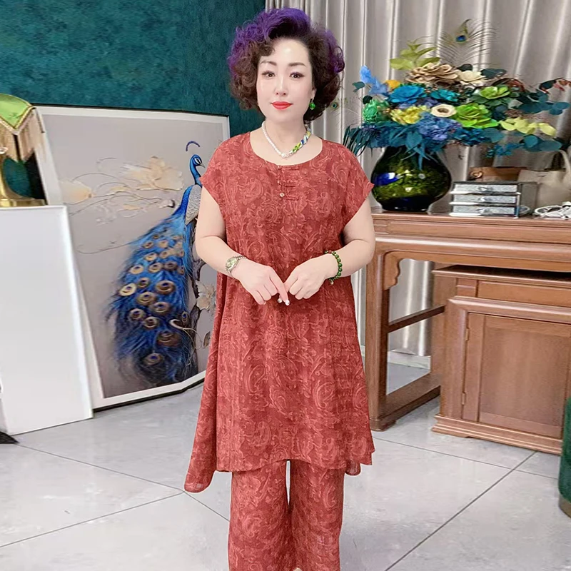 524时尚洋气印花大码套装女夏夏季新款高腰垂感直筒裤气质两件套