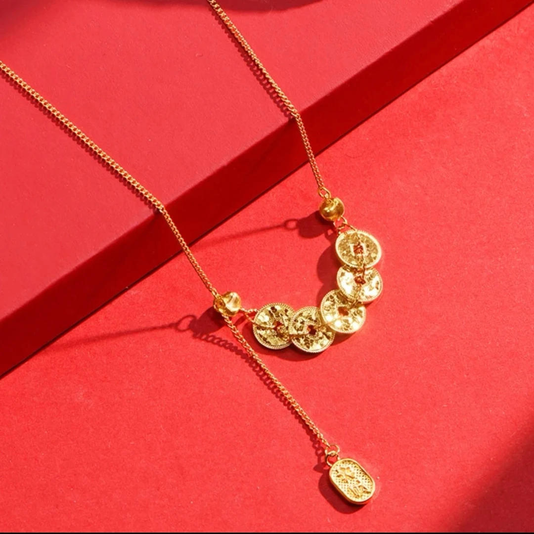 坠链均足银 黄色五帝钱套链足银999.9