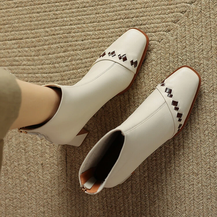 7cm~法式白色真皮短靴粗高跟单靴女2025冬气质马丁靴后拉链瘦瘦靴