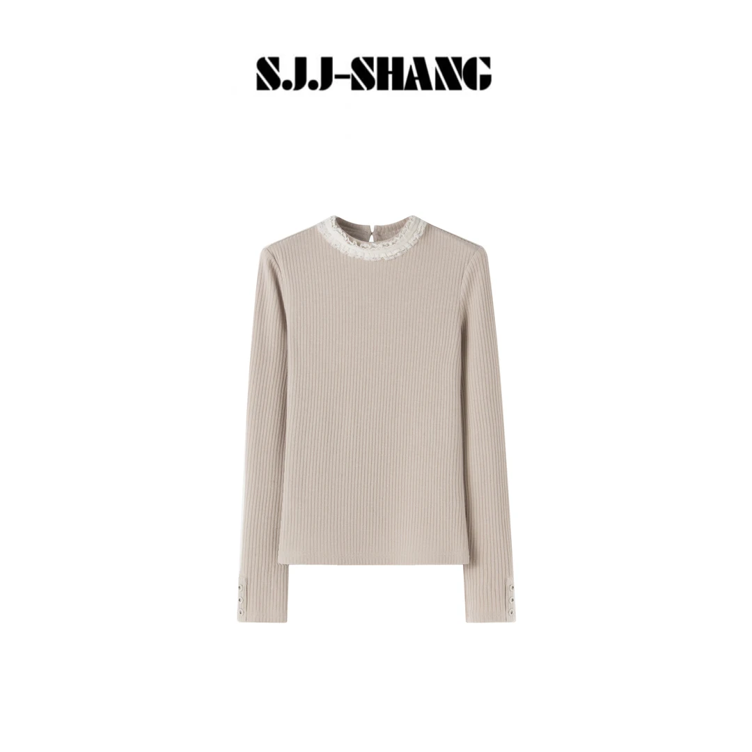 SHANG【花边打底】无缝衔接蕾丝拼接锁边轻奢针织T恤上衣q136105p