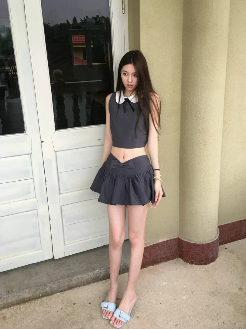 【miu系大小姐】2025夏季学院风套装灰色马甲上衣女显瘦半裙两件套