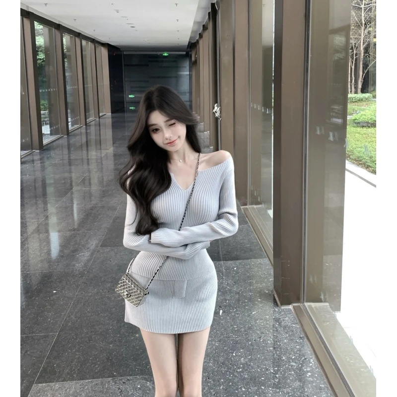 挚爱高智系~套装竖坑条长袖打底上衣高腰半身裙针织修身两件套女