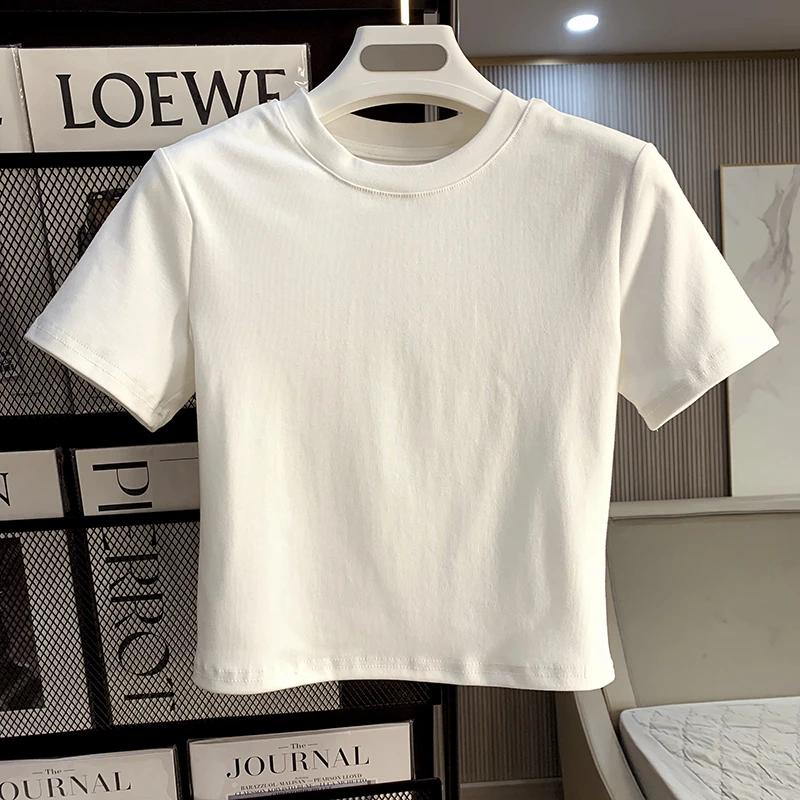 白色短款恤女短袖2025夏季新款修身小个子棉质正肩百搭小高领上衣