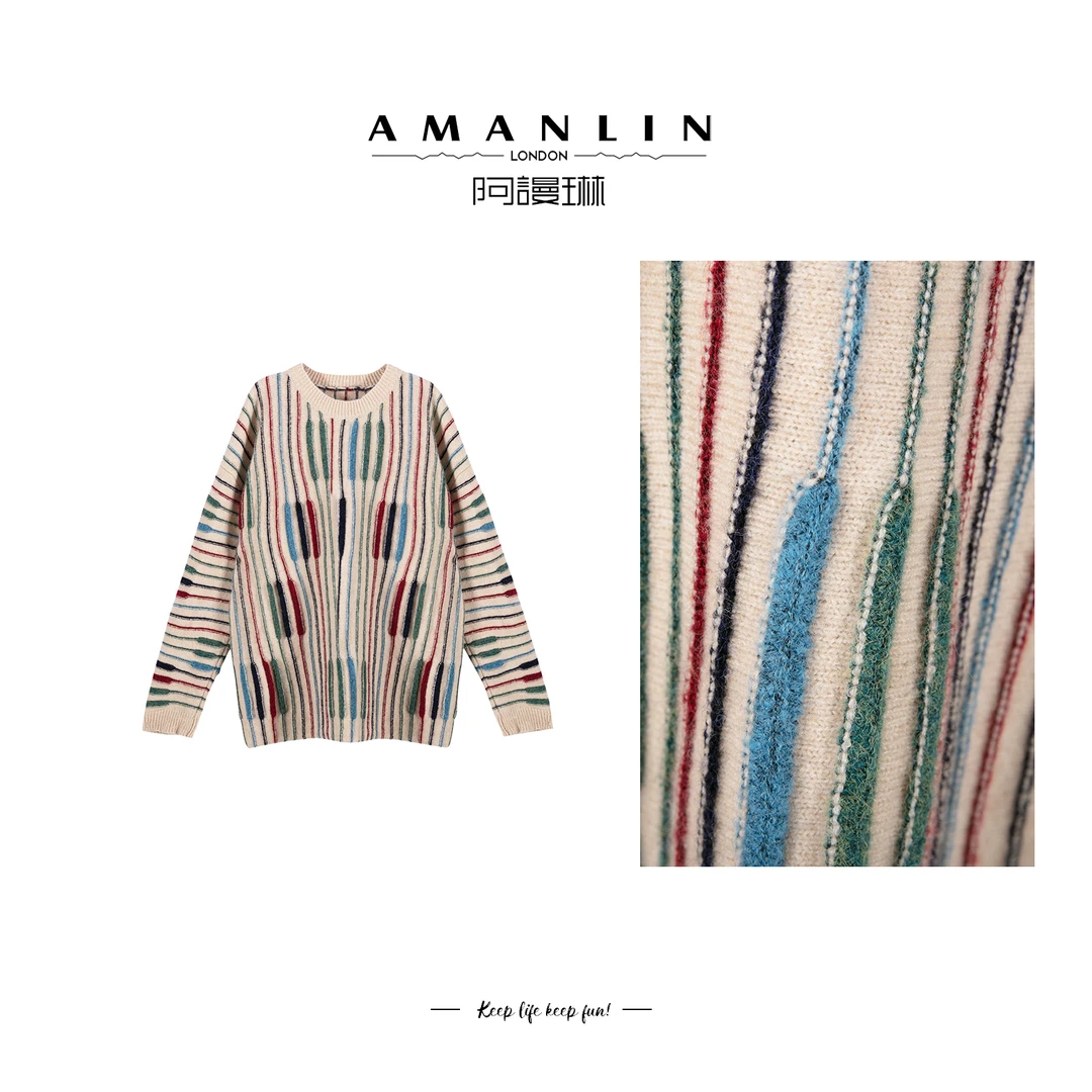 【AMANLIN】冬季新品气质小众条纹圆领设计感针织百搭上衣F595220