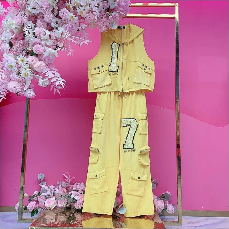 A1719欧美设计师2025夏季新款重工钉钻刺绣亮片字母休闲马夹套装