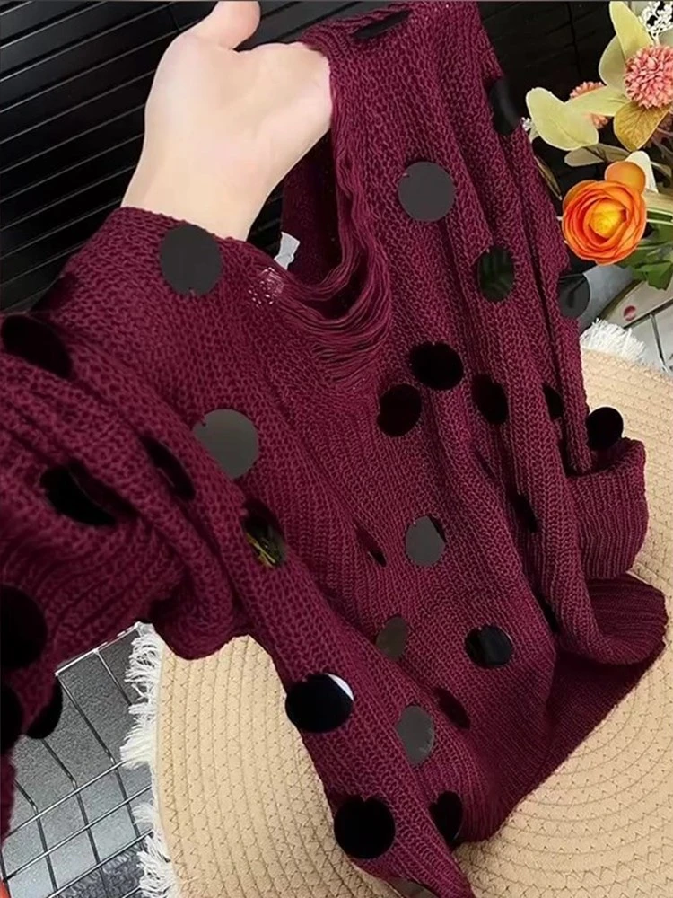 秋季新款韩系复古紫红色V领针织上衣亮片圆领设计感气质毛衣上衣