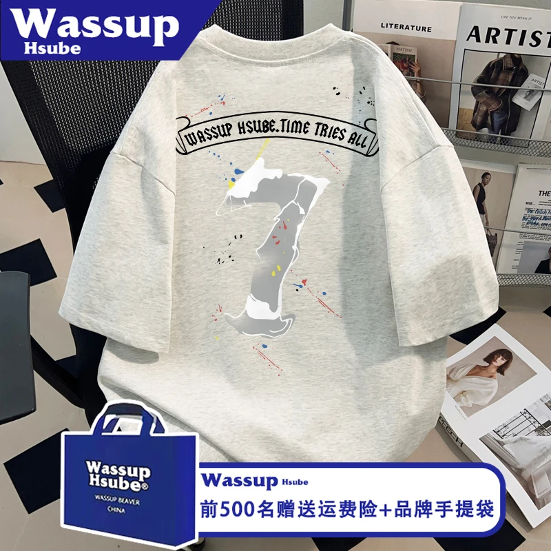 WASSUP HSUBE潮流牌应季纯棉T恤ins白色短袖夏季数字印花男女半袖
