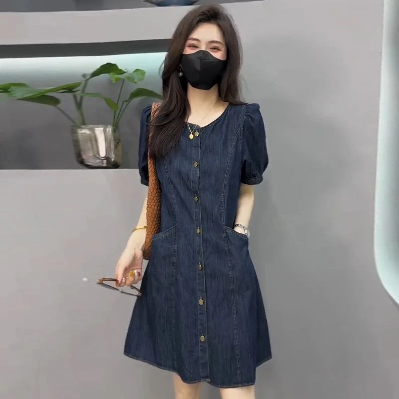 欧货复古泡泡袖薄款牛仔连衣裙夏季新款中长款收腰显瘦A字裙子女