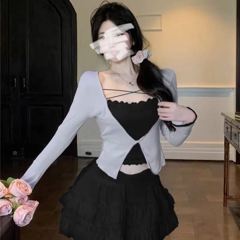 纯欲大码胖辣妹性感上衣女春装独特别致绝美假两件蕾丝打底衫内搭